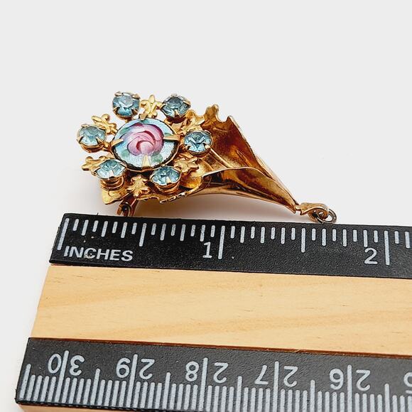 Vintage Guilloche Enamel Pink Rose Blue Rhinestone Pendant Brooch Pin - Picture 7 of 8